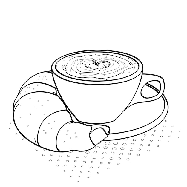 Vector childrens coloring black lines and white background breakfast coffee with cream and croissant vector