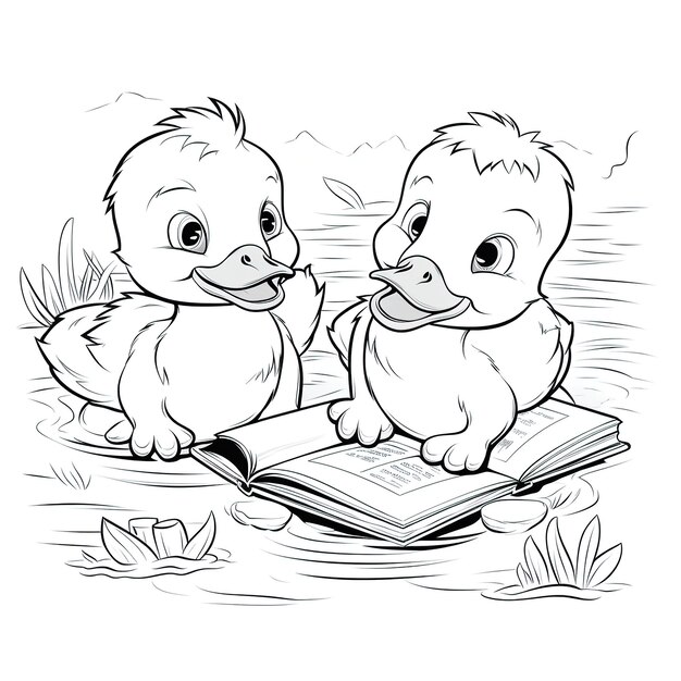 Childrens coloring book black and white cartoon baby ducks