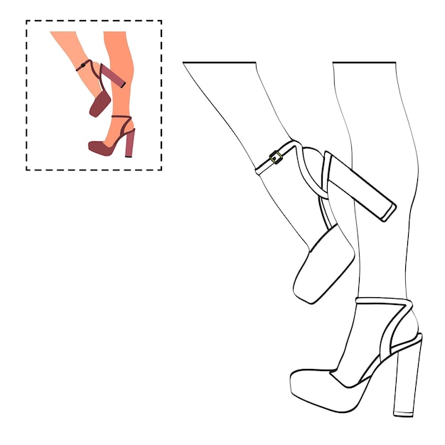 Vector childrens coloring book for girls female legs in a pose shoes stilettos high heels