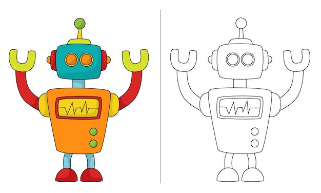 Vector childrens coloring book illustration retro robot with antenna