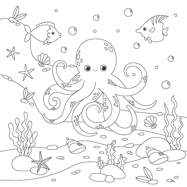 Childrens coloring book with octopus fish seabed seaweed simple funny kids drawing