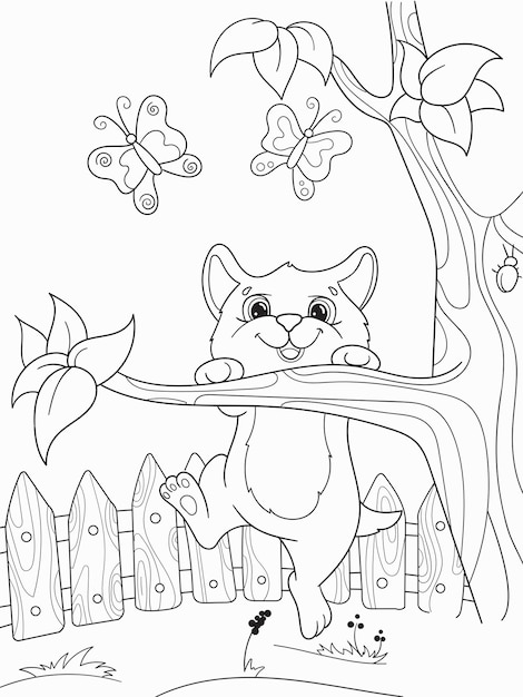 Childrens coloring cartoon animal friends in nature Kitten and cat