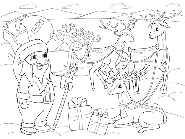 Vector childrens coloring cartoon animal friends in nature santa claus on the north pole next to sleighs and magical deer