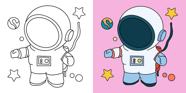 Childrens coloring illustration with astronaut