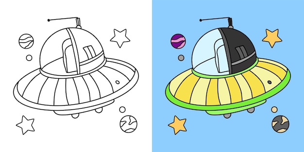 Childrens coloring illustration with space ship