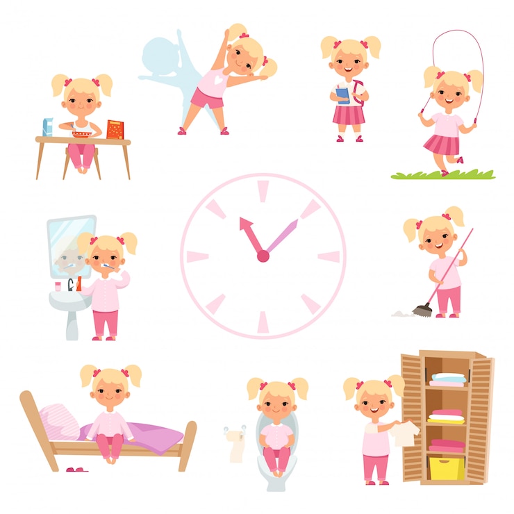 Vector childrens daily routine. male and female kids in action poses