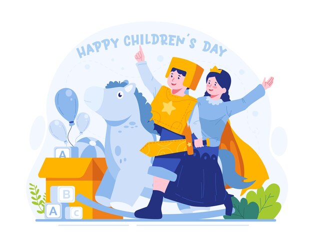 Vector childrens day concept illustration boy and girl are playing rocking horse as a knight and princes
