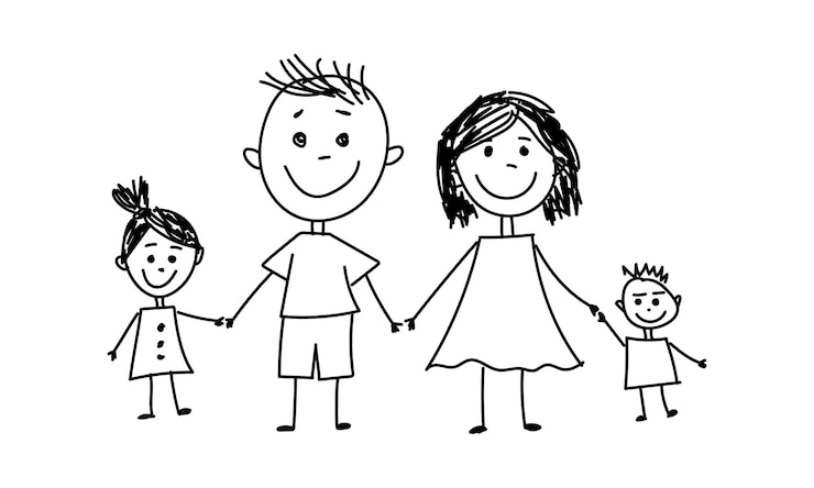 Vector childrens doodle drawing of happy family