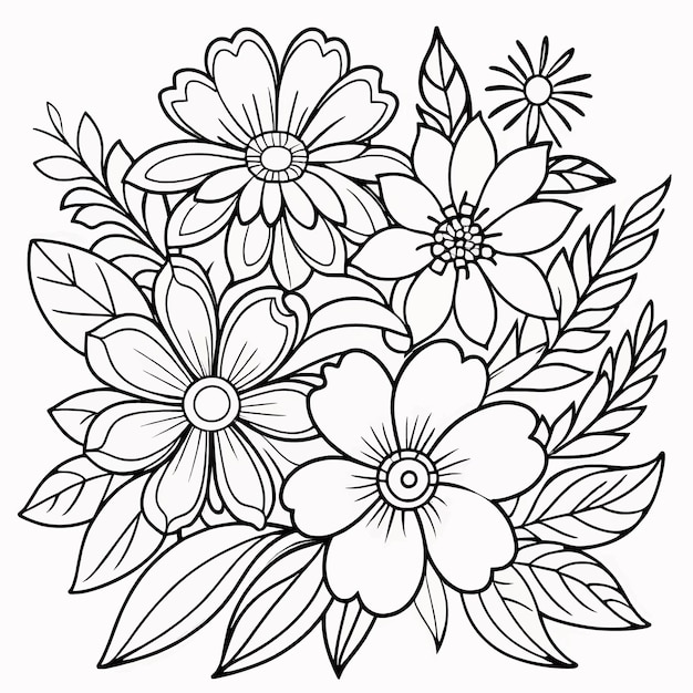 Childrens floral illustration doodle coloring book hand drawn vector