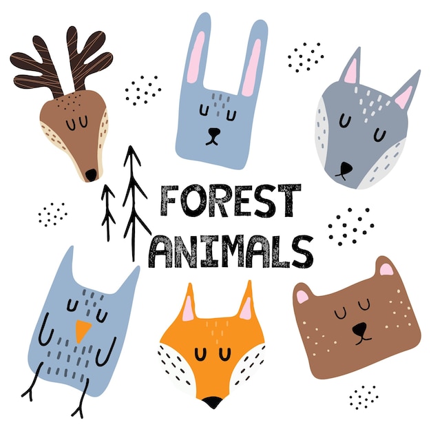 Insieme disegnato a mano per bambini di illustrazioni di animali della foresta