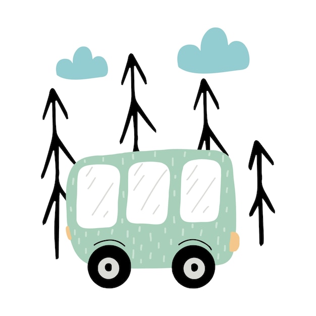 Illustrazione disegnata a mano per bambini di un autobus verde autobus verde vicino agli alberi