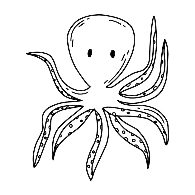 Детская иллюстрация осьминога на белом фоне Ручной рисунок осьминога в стиле каракулей Векторная иллюстрация