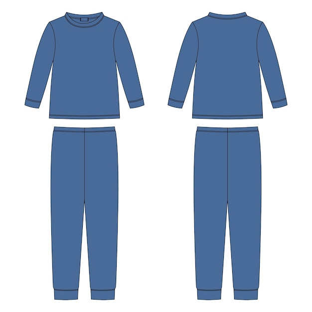 Childrens katoenen sweatshirt en broek Kleding pyjama technische schets Kinderen schetsen nachtkleding ontwerpsjabloon blauwe kleuren Voor- en achterkant CAD modevormgeving vectorillustratie weergeven