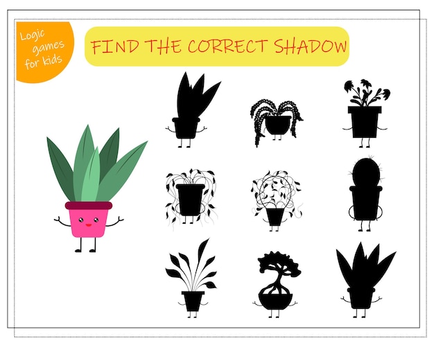 Childrens logic game find the right shadow cute cartoon flower in a kawaii pot