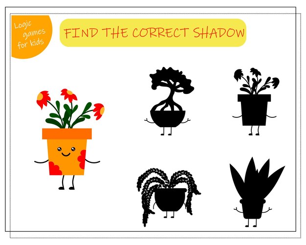 Childrens logic game find the right shadow cute cartoon flower in a kawaii pot