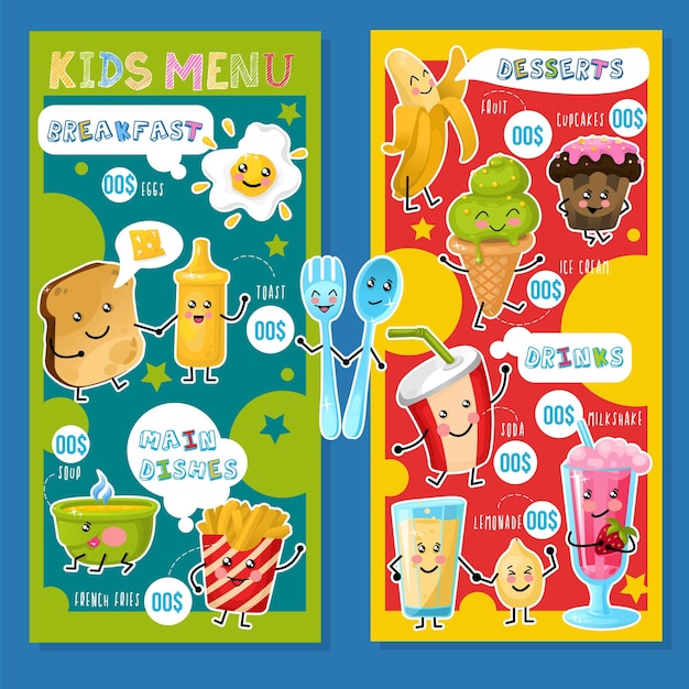 Vettore menu per bambini cibi divertenti divertenti divertenti colazione per bambini cibo veloce per bambini