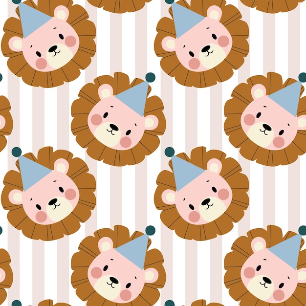 Childrens pattern with a lions head in a cap on a striped background