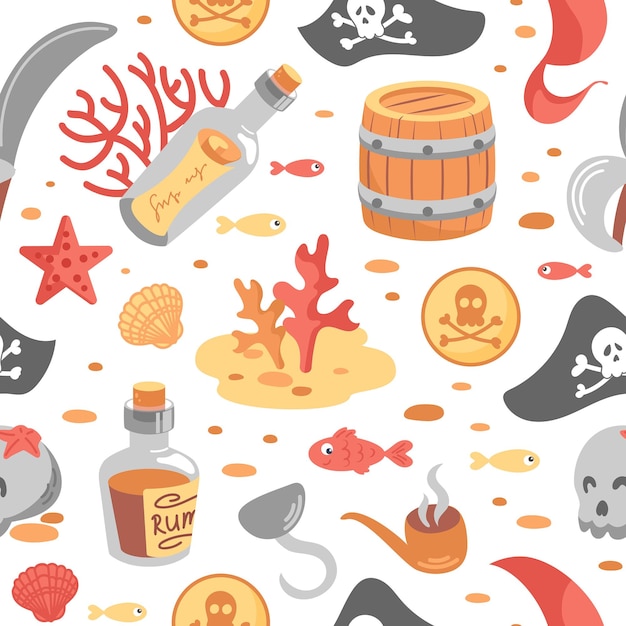 Vector childrens pirate seamless pattern hook and cocked hat sailors saber skull barrel and starfish bottle smoking pipe gold doubloon rum coral wallpaper fabric packaging