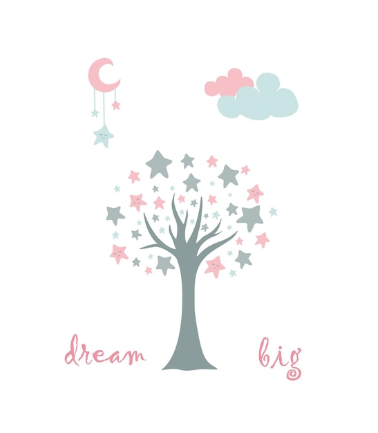 Poster per bambini per neonato albero grigio e stelle nuvole luna testo sogno in grande