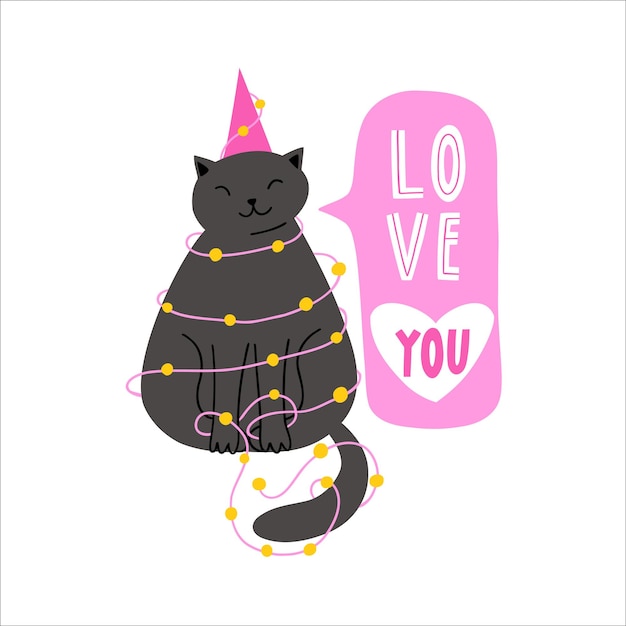 Childrens poster with the inscription i love you cute cat in hand drawn flat style vector illustrati