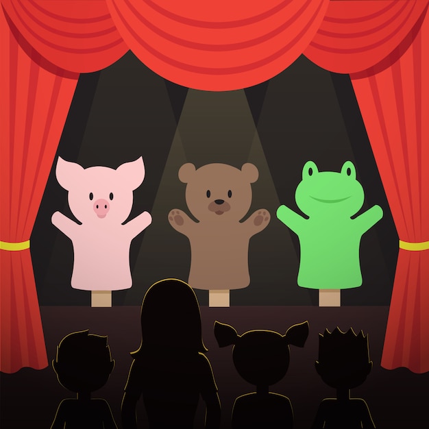 Vector childrens puppet theater performance with animals actors and kids audience  illustration