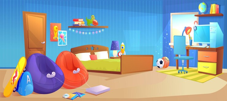 Вектор интерьер детской комнаты с кроватью, столом и стулом дизайн спальни для девочек с рабочим местом и компьютером