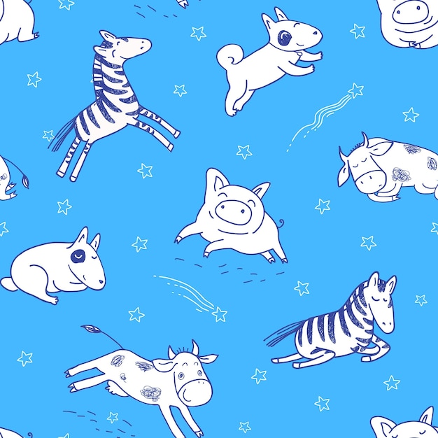 Vettore modello senza cuciture per bambini con simpatici cani, zebre e mucche. illustrazione vettoriale in stile scarabocchio su un blu.