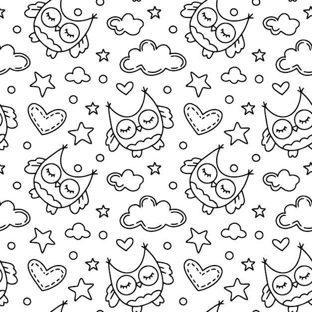 Vector childrens seamless pattern with owls and clouds