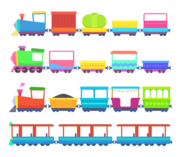 Vector childrens toys. miniatures of colored cartoon trains