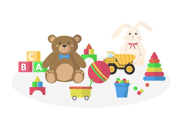 childrens toys placed on the floor for play and development toys for a boy or girl