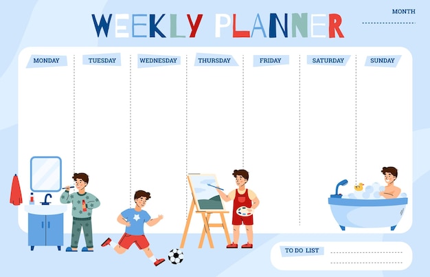 Vettore planner settimanale per bambini o modello di elenco di cose da fare illustrazione vettoriale piatta