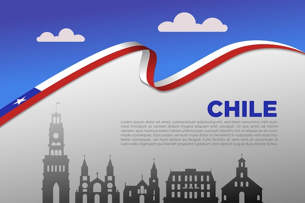 Chile banner cover background with national flag ribbon and famous landmarks