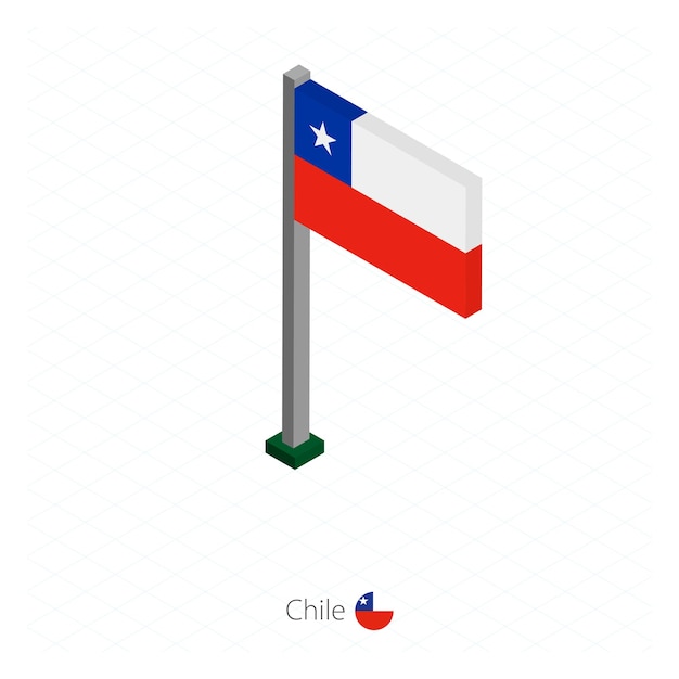 Chile Flag on Flagpole in Isometric dimension Isometric blue background Vector illustration