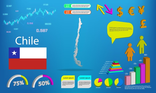 칠레 지도 정보 그래픽 차트 기호 요소 및 아이콘 모음 고품질 비즈니스 Infographic 요소가 있는 자세한 칠레 지도