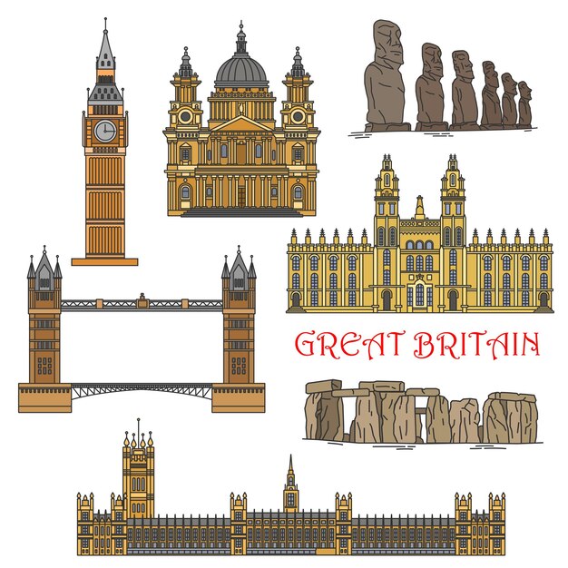 Vector chilean and british tourist landmark icons