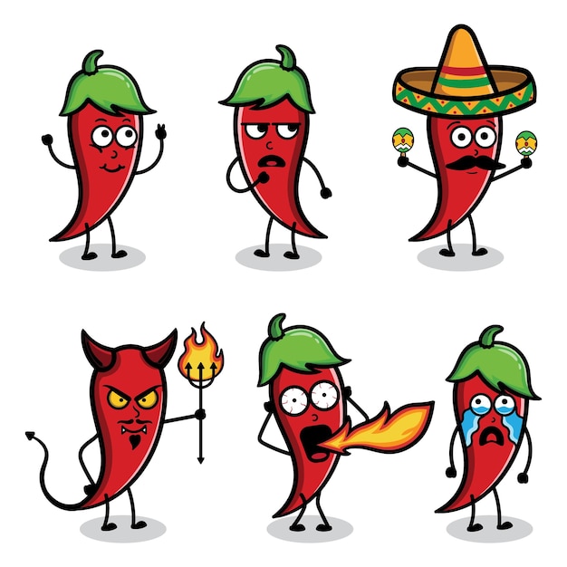 Chili cartoon mascot characters with cute expressions