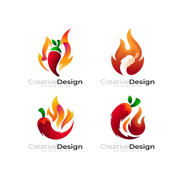 Combinazione di design del logo del peperoncino e del fuoco, icona della collezione