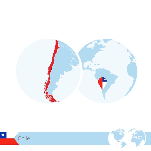 Chili op wereldbol met vlag en regionale kaart van chili. vectorillustratie.