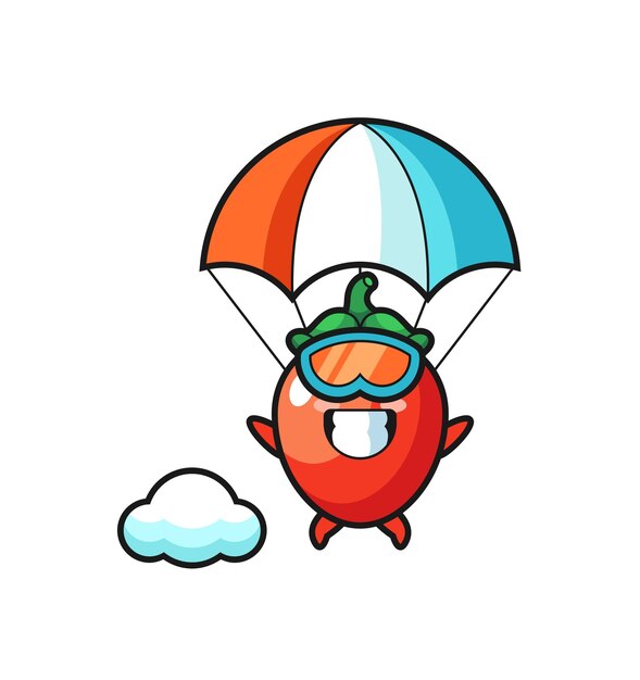 Vector chili peper mascotte cartoon parachutespringen met blij gebaar