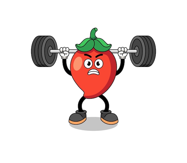 Chili pepper mascot cartoon lifting a barbell