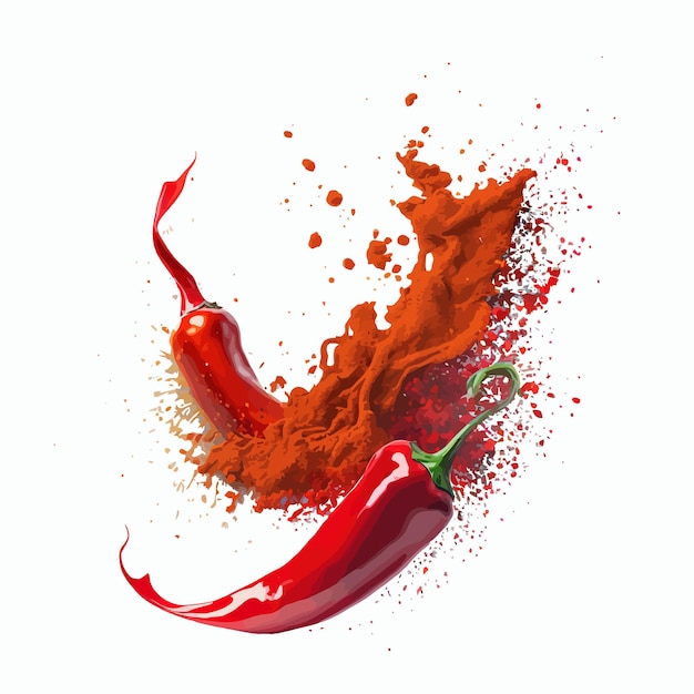 Polvere di peperoncino spruzzata polvere scoppiata piccante o esplosione di colore rosso su sfondo bianco isolato su sfondo illustrazione vettoriale cartoon