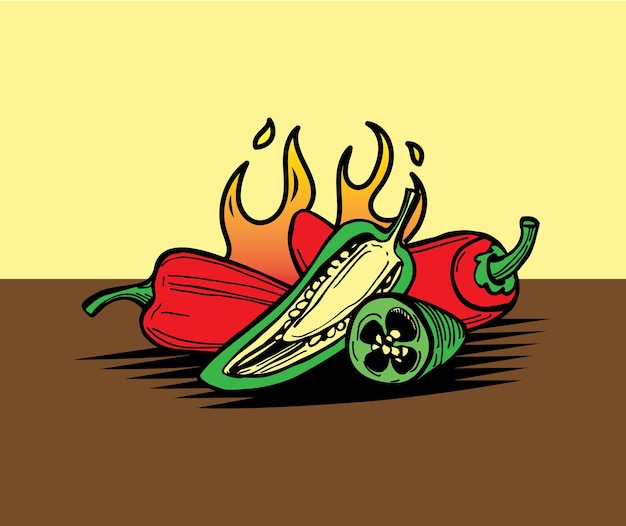 Vector chili peppers and flames