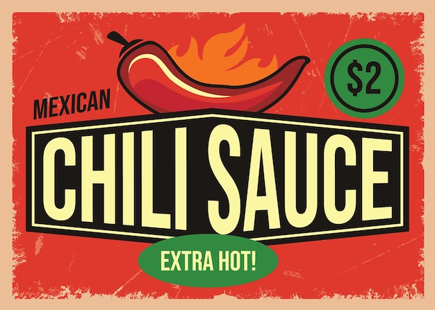 Винтажный жестяной знак соуса чили Мексиканская еда рекламирует векторный дизайн ретро-плаката