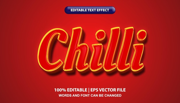 チリの編集可能なテキスト効果テンプレート、赤い色の光沢のある効果を持つ太字のフォント スタイル