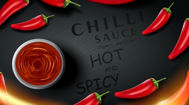 Vector chilli hot sauce product ads and chili peppers in fire shape with burning fire effect on black