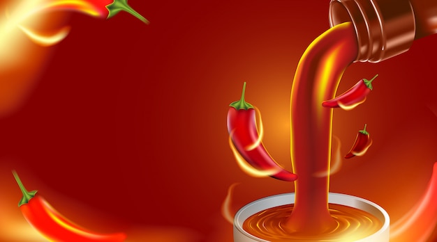 Chilli hot sauce product ads and chili peppers in fire shape with burning fire effect