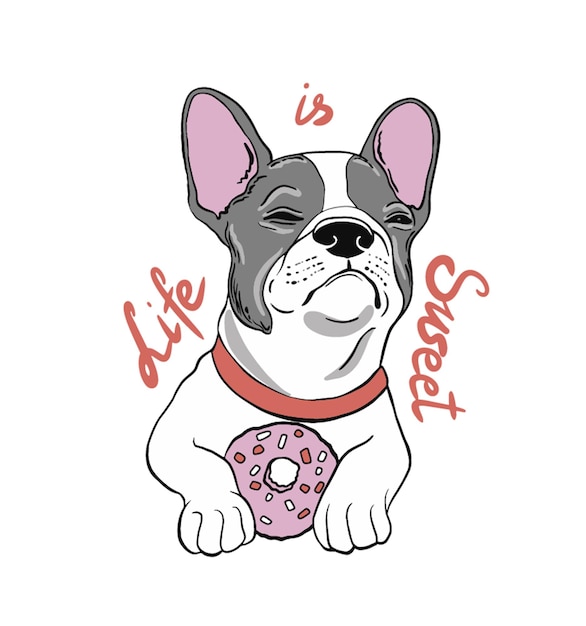 Chilling funny dog french bulldog with donut. Valentine's day card. Humorous postcard, t-shirt