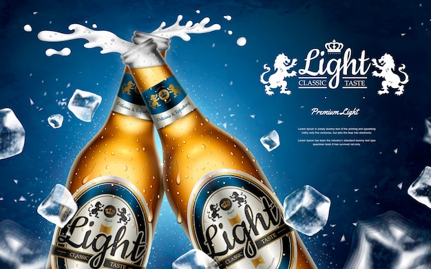 Annunci di birra leggera agghiaccianti, birra premium in bottiglie di vetro con cubetti di ghiaccio che cadono in illustrazione 3d