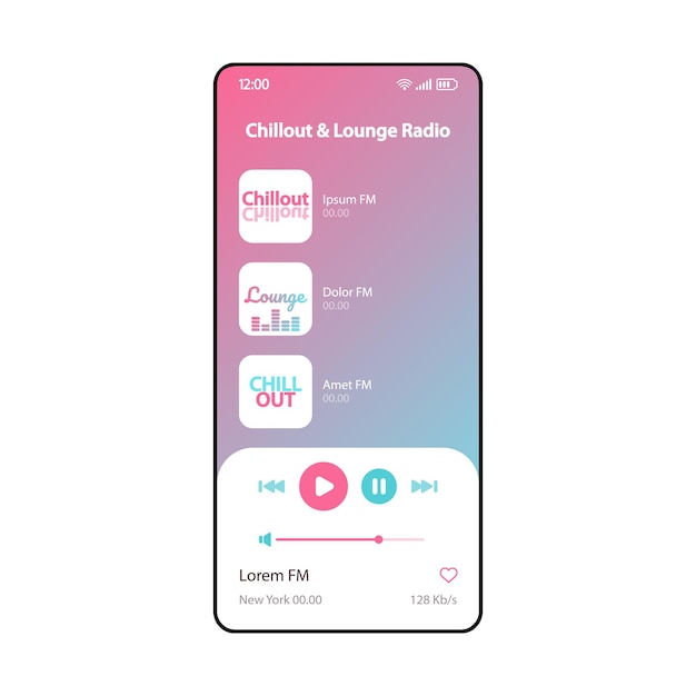 チルアウト＆ラウンジラジオスマートフォンインターフェースベクトルテンプレート。モバイルミュージックプレーヤーアプリページのモダンなデザインのレイアウト。オーディオプレイリスト、アルバムリスニング画面。アプリケーションのフラットui。電話ディスプレイ