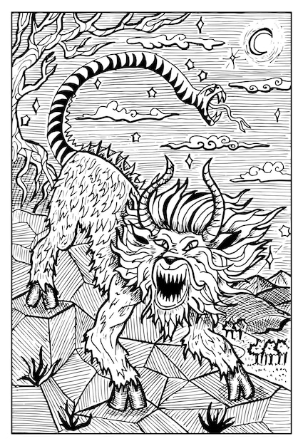 Vector chimera engraved fantasy illustration